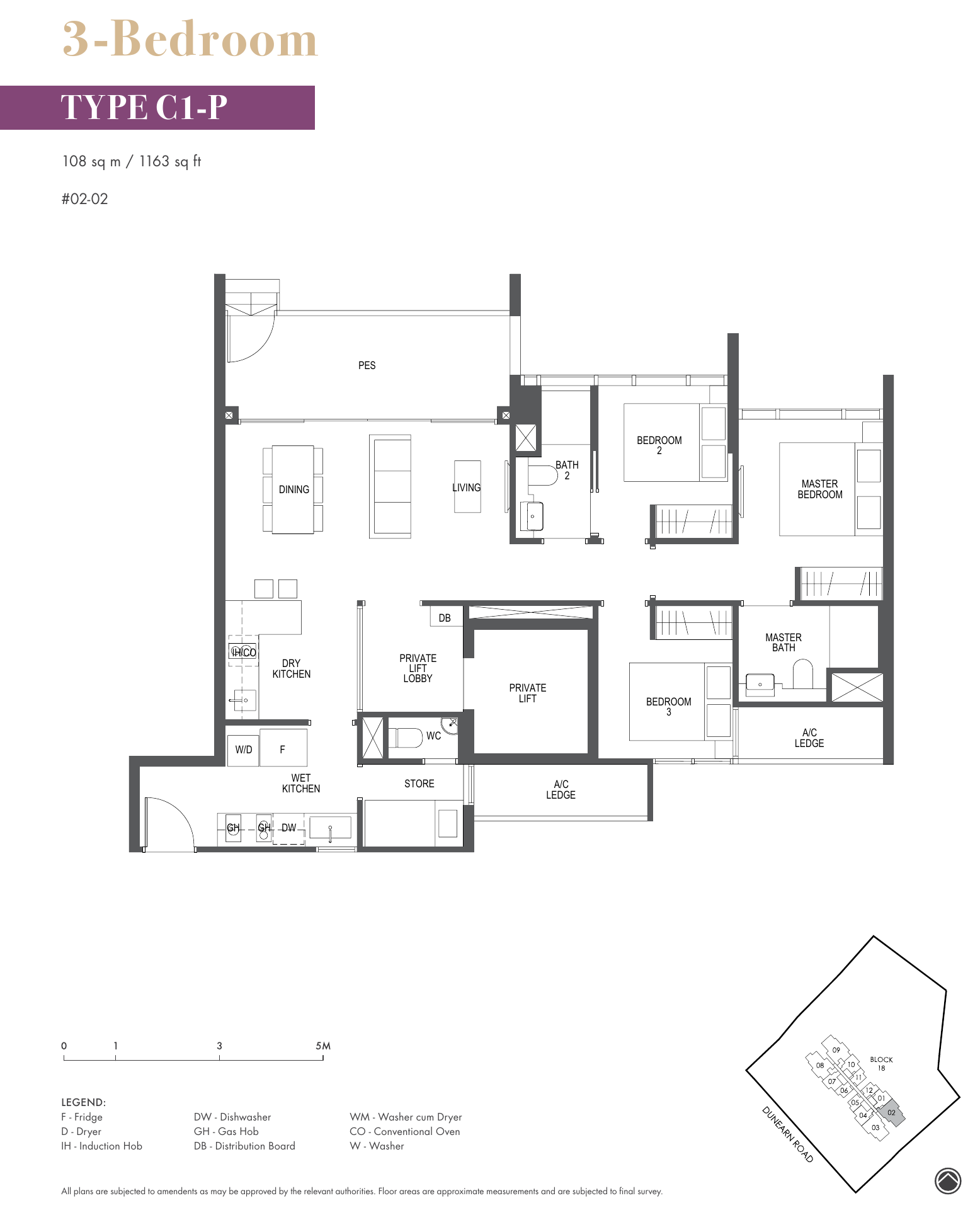 3-Bedroom with private enclosed space · Type C1-P · 1,163 sqft